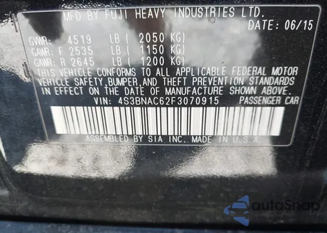 2015 Subaru Legacy 2.5I Premium from USA, damaged, VIN 4S3BNAC62F3070915